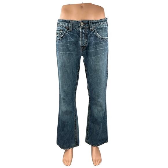 1921 Mens Blue Dark Wash Button Fly Mid Rise Bootcut Flared Denim Jeans Pants OS - Picture 1 of 4